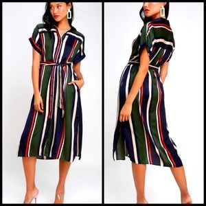 Lulus Navy Blue and Green Striped Midi Dress Sz S